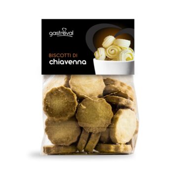 sacchetto di biscotti trasparente e scritta biscotti di chiavenna