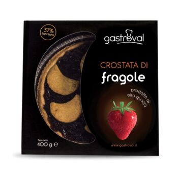 confezione di cartone contenente una crostata alle fragole, con scritta "fragole" e immagine di una fragola