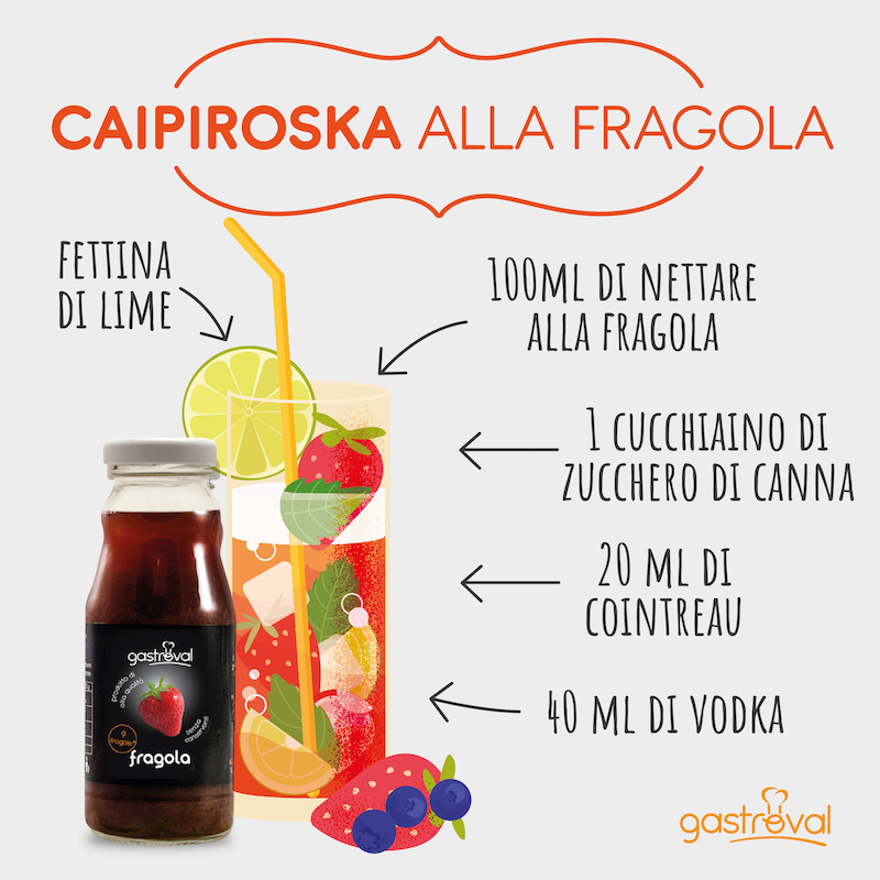 vasetto di succo alla fragola con bicchiere cocktail stilizzato , titolo "caopirosska alal fragola " ed elenco ingrediente del cocktail