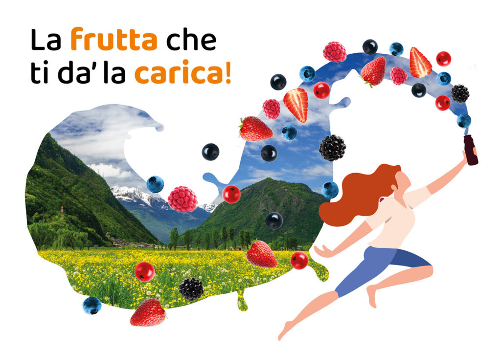 ragazza stilizzata che corre su sfondo con panorama montano e scritta la frutta che di da la carica